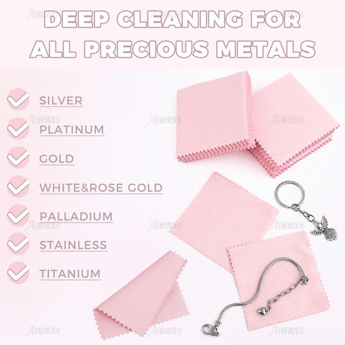 AUEAR, 100 Pack Jewelry Cleaning Cloths, Polishing Cleaner Cloth for Sterling Silver Gold Platinum Small Diamond Polish Cloth Pink & Blue 8x8cm...