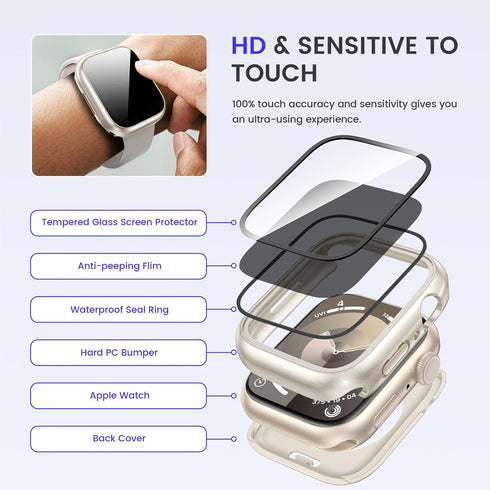 Goton 2-in-1 Waterproof Privacy Case for Apple Watch Series 9 8 7 Screen Protector 45mm, Front Anti Spy Tempered Glass Face Cover Back Bumper for ...