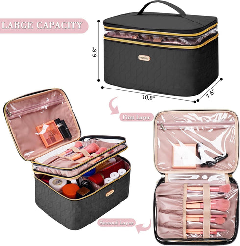 Large Travel Makeup Bag - Double-Layer Cosmetic Organizer for Brushes and Toiletry Essentials, Ideal for Women...
