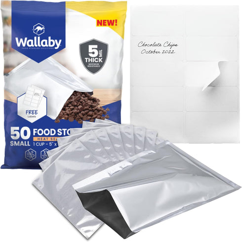 50x Wallaby 1-Cup Mylar Bag Bundle - (5 Mil - 5" x 7") Mylar Bags + 50x Labels - Heat Sealable, Food Safe, & Reliable Long Term-Food Storage Solut...