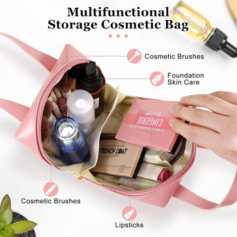 Makeup Bag, Waterproof Portable PU Leather Travel Toiletry Bag, Beauty Cosmetic Travel Bag for Women, Wide-open Handbag with Dividers, Makeup Bag ...