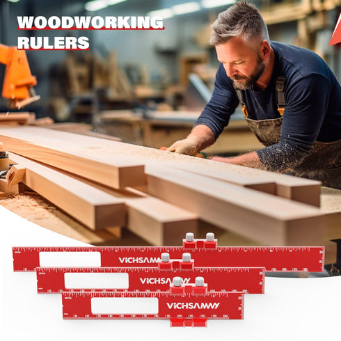 Woodworking Ruler, Precision Pocket Rulers, VICHSAMWY Scribing Ruler 12, 8, 6 Inch Metal Slide Stop Marking Ruler Metric Inch, Square Ruler Adjust...