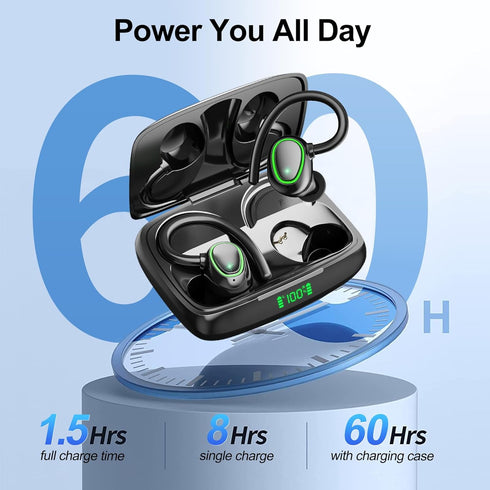 Bluetooth Wireless Headphones Earbuds 60hrs Playback Ear Buds IPX6 Waterproof Stereo Bass Over-Ear Earphones with Earhooks Microphone LED Battery ...