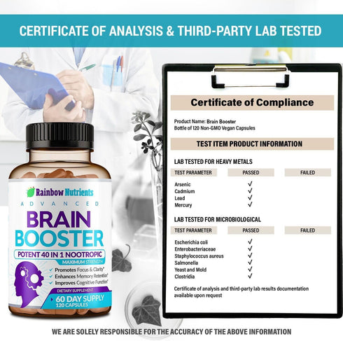 40-in-1 Brain Booster Supplements for Memory, Focus, Clarity, Energy, Performance | Natural Nootropic Brain Support Supplement with DMAE, Bacopa M...