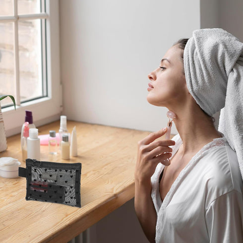 Small Mesh Zipper Pouches, 6 Pack Heart Print Mesh Makeup Bags, Mesh Cosmetic Bags Storage Pouch for Women, Makeup Lipstick Cosmetic Accessories O...