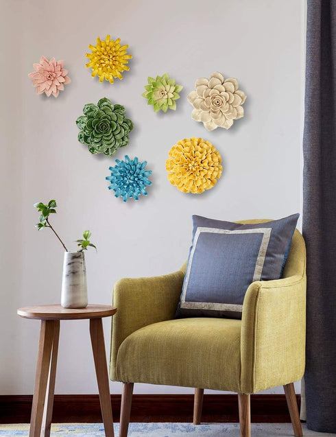 SEINHIJO Ceramic Flower Wall Decor 3D Wall Art Sculpture Modern Arts Gifts Yellow 5.1inch...