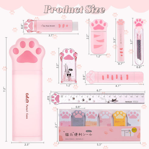 9 Pcs Cute Cat Paw Stationery Set Kawaii School Supplies Including Pencil Sharpener Retractable Eraser Correction Tape Sticky Notes Ruler Mini Sci...