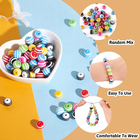Cheriswelry 100pcs Round Rainbow Striped Acrylic Beads 10mm Chunky Ball Colorful Lined Striped Bubblegum Gumball Bead Spacers for DIY Jewelry Maki...
