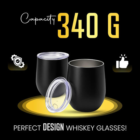 Double-Wall Insulated Whiskey Glass - 12 oz Stemless Nosing Stainless Steel Whisky Glass - Perfect for Bourbon and Whisky Lovers (Black - Pack of ...
