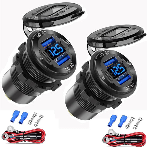 2 Pack 12V USB Outlet Wire Aluminum Car Charger Multi Port, Dual USB Quick Charge 3.0 Port and PD USB C Socket with Voltmeter Switch for Car Boat ...