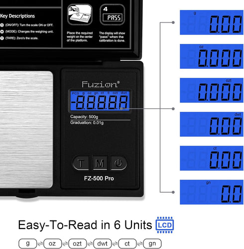 Fuzion Digital Pocket Scale .01 Gram Accuracy, 500g Digital Gram Scales for Small Food, Jewelry, Herb, Spice, Coin - Weight Gram and Oz - 100g Cal...