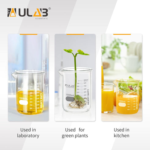 ULAB Heavy Duty Glass Beakers, Vol.1000ml (33.8oz), Borosilicate 3.3 Glass, Thick Wall Beakers, with Double Scale, Superior Durability & Chemical ...