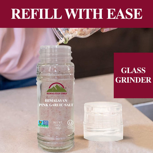 Himalayan Chef Himalayan Pink Garlic Salt -3.6 Oz (Pack of 1), Small Grinder of Garlic Salt Seasoning, Natural & Certified...
