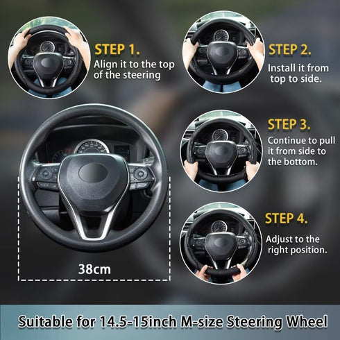 Steering Wheel Cover Black Universal 14.5-15 inch, Carbon Fiber Car Steering Wheel Covers with Coasters Leather Microfiber Breathable Anti-Slip St...
