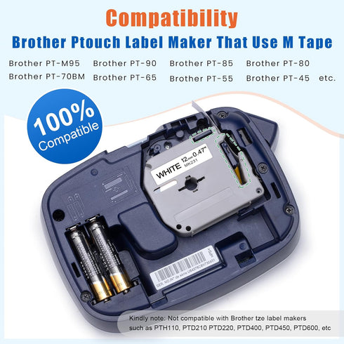 PTM95 Label Tape Replace for Brother M Tape 12mm 0.47 P Touch M-K231 M-K131 MK431 MK531 MK631 MK731 Compatible with Brother PT-M95 PT-65 PT-45 PT-...