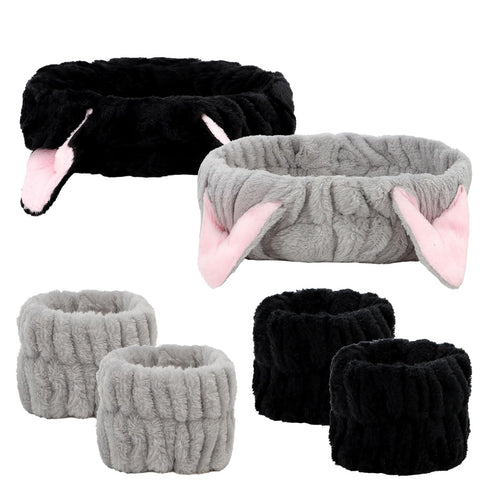 6 Pcs Spa Headband Face Wash Headband and Wristband Set, Cute Make Up Cat Ears Headband Plush Animal Makeup Skincare Headbands with Face Washing W...