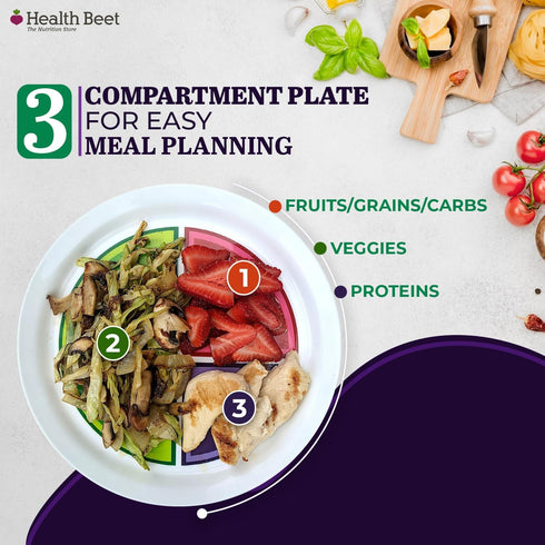 Health Beet 10” Macro Diet Portion Control Plate for Balanced Eating -3 Flat Sections for Veggies Carbs & Protein - Microwave & Dishwasher Safe Ba...