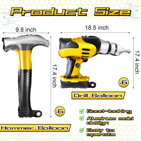 12pcs Hammer Balloons Drill Balloons 17 Inch Inflatable Toys Construction Party Decorations Electric Screwdriver Balloon Decorations for Father's ...