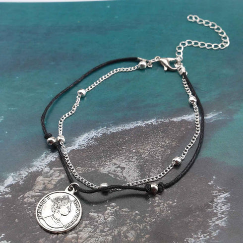 Boho Layered Wax Rope Anklets Silver Coin Ankle Bracelet Vintage Coin Disc Pendant Anklet Bracelet Satellite Anklet Ball Beaded Foot Chain Jewelry...