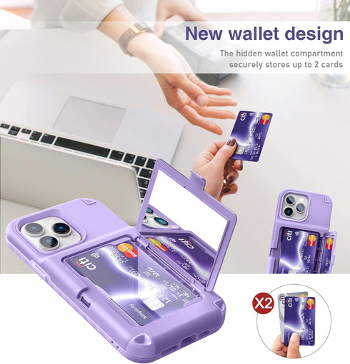 WeLoveCase iPhone 14 Pro Max Case for Women, Men Defender Credit Card Holder Cover with Hidden Mirror, Three Layer Shockproof Heavy Duty Protectio...