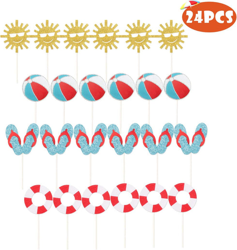 24Pcs Glitter Summer Beach Cupcake Toppers Pool Party Cupcake Picks For Hawaiian Theme Birthday Wedding Party Baby Shower Summer Luau Party Decora...