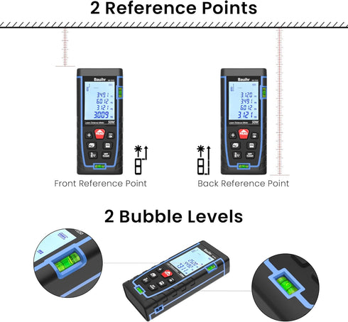 Laser Measure, Bauihr 165ft Laser Distance Meter, Portable Laser Measurement Tool with 2 Bubble Levels, Large Backlit LCD Display, Allowing Pythag...