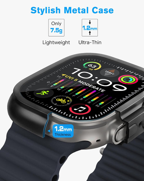 amBand Metal Case Screen Protector for Apple Watch Ultra 2/Ultra 49mm, W3 Rugged Bumper Thin Frame + 9H Tempered Glass Film + Ceramic-Like Back Co...
