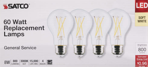 Satco S12463 8 Watt A19 LED Bulb, Clear, 3000K, Medium Base, 120 Volt, 4-Pack...