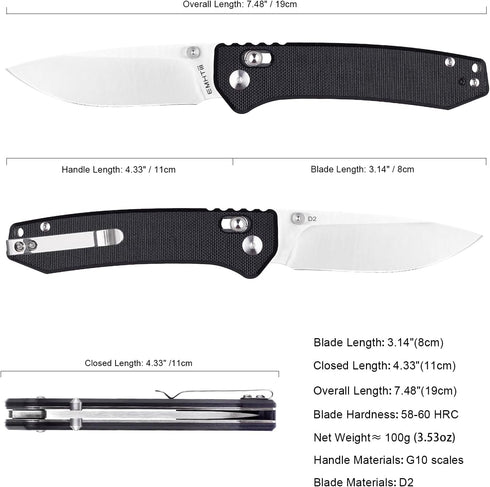 Pocket Folding EDC Knife: 3.14" D2 Steel Satin Sharp Blade, G10 Scales, Crossbar Axis Lock, Reversible Clip, Great Gifts for Men Women Camping Hik...