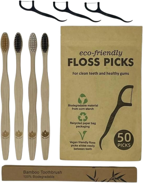 Sofi's Cute Corner Bamboo Toothbrushes, Soft Charcoal Bristles 4 Pcs. Eco Friendly Dental Floss Pick, Charcoal Thread Flosser 50 Ct, Sustainable -...