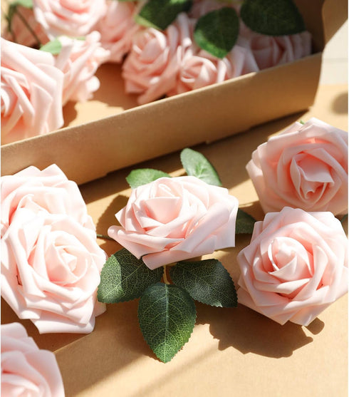 AmyHomie Artificial Flower Blush Pink Rose 25pcs Real Looking Fake Roses w/Stem for DIY Wedding Bouquets Centerpieces Arrangements Party Baby Show...