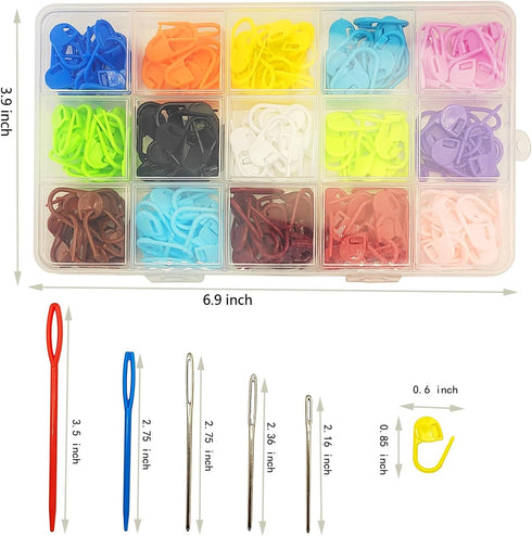 300 Pcs Stitch Markers,15 Colors Knitting Crochet Locking,15 Pcs Large Eye Blunt Sewing Needles with Storage Box...