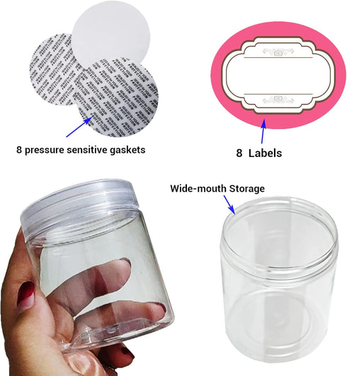 8 Pack 4 oz Empty Plastic Jars with Lids,Wide-mouth Clear Storage Containers, Empty Round Clear Plastic Jars with Lids and labels for Body Butter,...