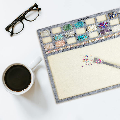 hobbyworker Bead Mat,Soft Perfect Stable,Surface Flocking with Centimeter Scale 3 Pcs Set(L) and Stainless Steel Handy Tweezers with Scoop for Jew...