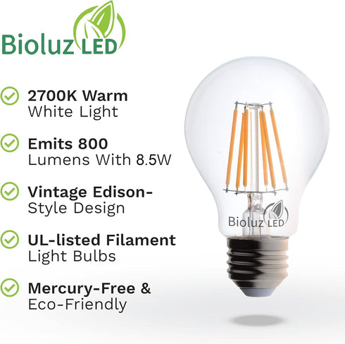 Bioluz LED 92 CRI E26 LED Bulb 60 Watt Dimmable Edison Bulbs Warm White Clear Pendant Light Bulbs UL Listed Title 20 High Efficacy Lighting 6-Pack...