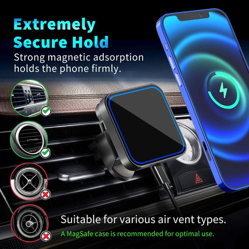 Magnetic Wireless Car Charger - MagSafe Compatible Car Mount Wireless Charger - Air Vent Mount with Included Power Supply for iPhone 14, 13, 12 - ...