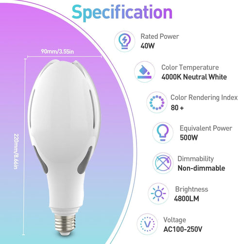 ORALUCE Super Bright LED Light Bulb 40W, ED90 E26 LED Bulb 500W Equivalent, 4000K Neutral White 4800LM, Garage Light Bulb Energy Saving Outdoor fo...