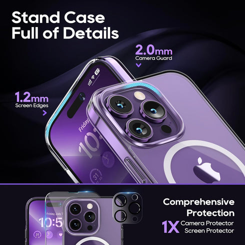 Magnetic Case for iPhone 14 Pro Case with Screen Protector, (with Slim Kickstand + Camera Protector) Compatible with Magsafe Shockproof Crystal Cl...