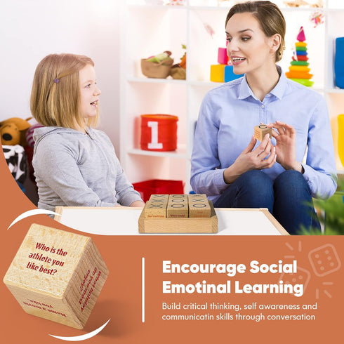 Conversation Cubes W/Tic Tac Toe Game,Great Conversation Starter-Building Relationship,Wooden Block for Family Game Night,School Counselor Supplie...
