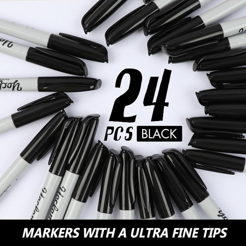 Ultra Fine Point Black Permanent Markers, 24 Pack Ultra Fine Point Black Permanent Marker set, Works on paper, Plastic, Stone, Glass, Metal...