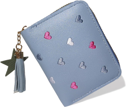 StillvollMao Coin Purse, PU Leather Change Purse Small Wallet for Women Credit Card ID Card Holder with Heart Embroidered patterns and Cute Pendan...