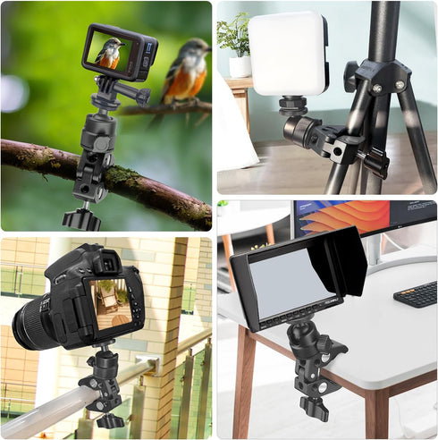 Super Clamp Camera Mount with 360° Ball Head, 1/4" 3/8" Thread, Action Camera Mount, Motorcycle/Bike/Bicycle/Desk/Tripod Pole Mount for Monitor Li...