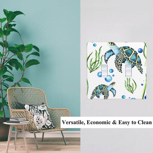 Sea Turtle Toggle Light Switch Cover Plate Underwater Ocean Turtle Green Seaweed Blue Water Bubbles Nautical Coastal 2-Gang Wall Plate for Home La...