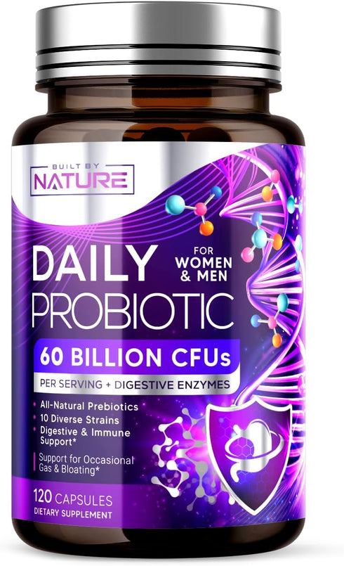 Built by Nature Probiotic - 60 Billion CFU with 10 Strains, Plus 8 Diverse Digestive Enzymes, and 4 Sources of Prebiotic Fibers – Daily Probiotic ...