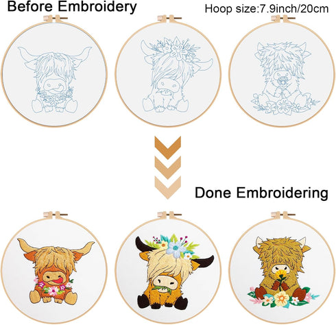 Louise Maelys 3 Sets Highland Cow Embroidery Kits for Beginners,Adults Starter Animal Pattern Cross Stitch Kit DIY Needlepoint Kits...