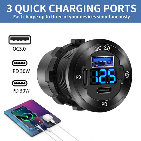 12V USB Car Socket Round USB C 12V Outlet, 3-Port Marine USB Fast Charger Waterproof Cigarette Outlet USB Replacement Aluminum with Switch & Voltm...