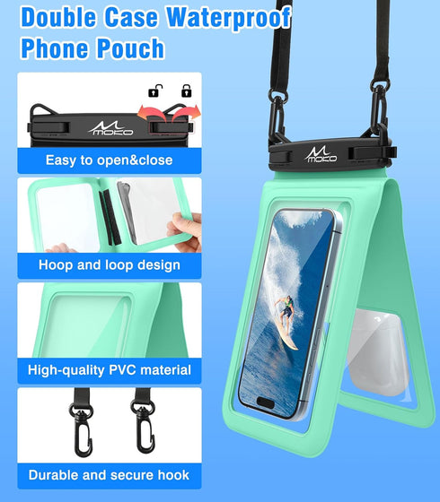 MoKo Double Case Waterproof Phone Pouch, 2Pack Waterproof Phone Case Dry Bag with Adjustable Lanyard Compatible with iPhone 15 14 Pro Max Galaxy S...