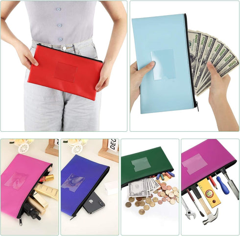4 Pack Bank Deposit Money Bag, Heavy Duty Leatherette Security Zipper Wallet with Clear Window, Coin Bag, Cash Bag, Tool Pouch, Assorted Colors (4...