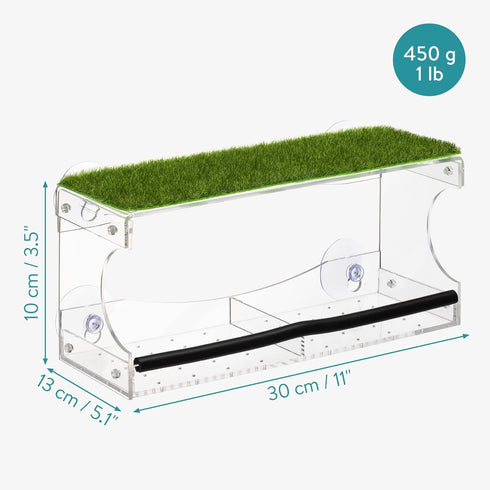 Navaris Clear Bird Feeder with Suction Cups - Window Bird Feeder for Bird Watching - Acrylic Feeder for Birds with Window Suction Cups and Grass -...