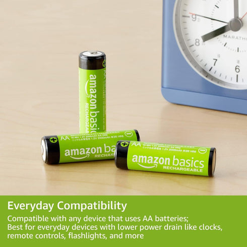 Amazon Basics 8-Pack Rechargeable AA NiMH Batteries, 2000 mAh, Recharge up to 1000x Times, Pre-Charged...